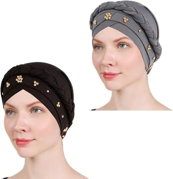 Women Turban Twisted Beaded Braid Chemical Cancer Headscarf Cap Hair Covered Wrap Hat Beanie Hat