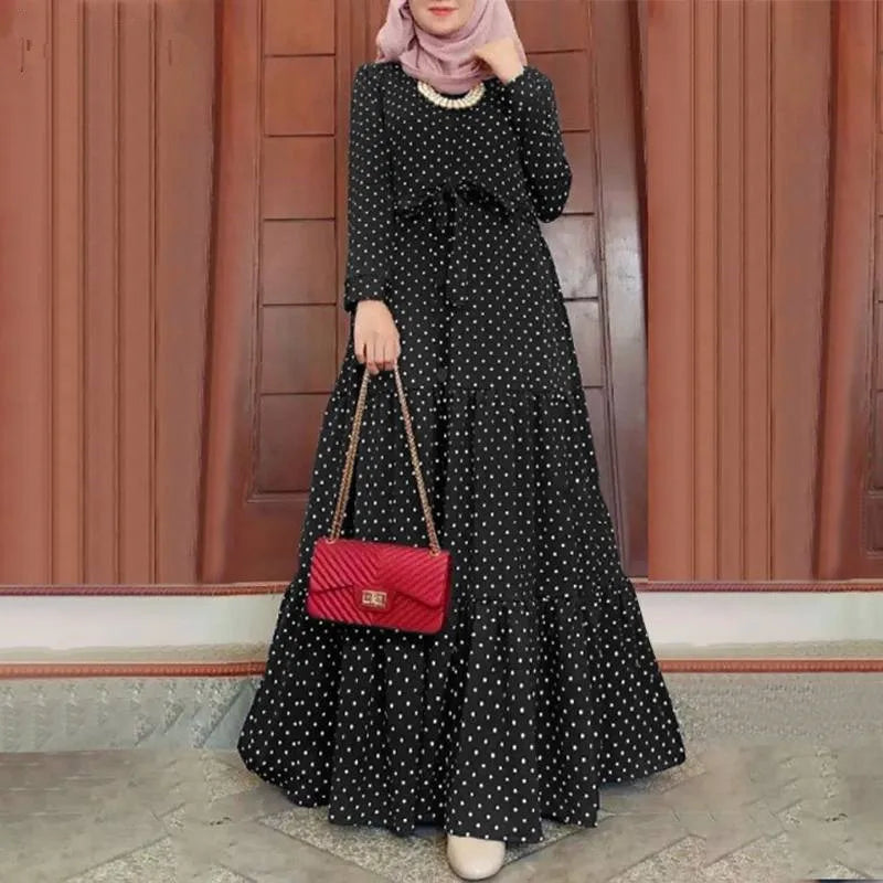 S-5XL New Muslim Moroccan Printed Dot Long Sleeve Dress Fashion Belt Sun Dress Party Robe