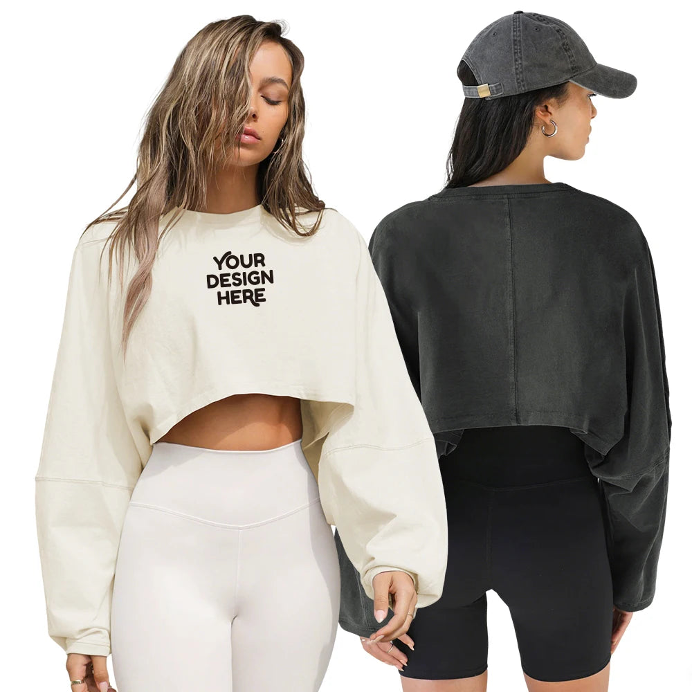 Women's Cropped Top Sweatshirts Long Sleeve Tshirt Crew Neck Custom Printing Blank Streetwear Style Hooded for Autumn Winter