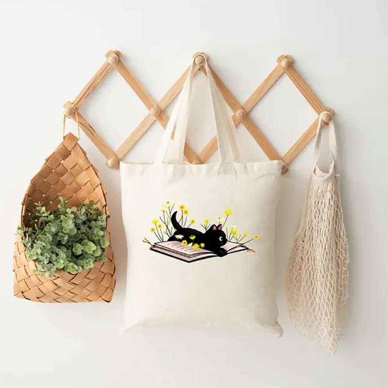 Vintage Canvas Tote Bag with Adorable Reading Cat Pattern Daily Carry Cosmetic Bag with Irresistible Charm Black Cat & Book