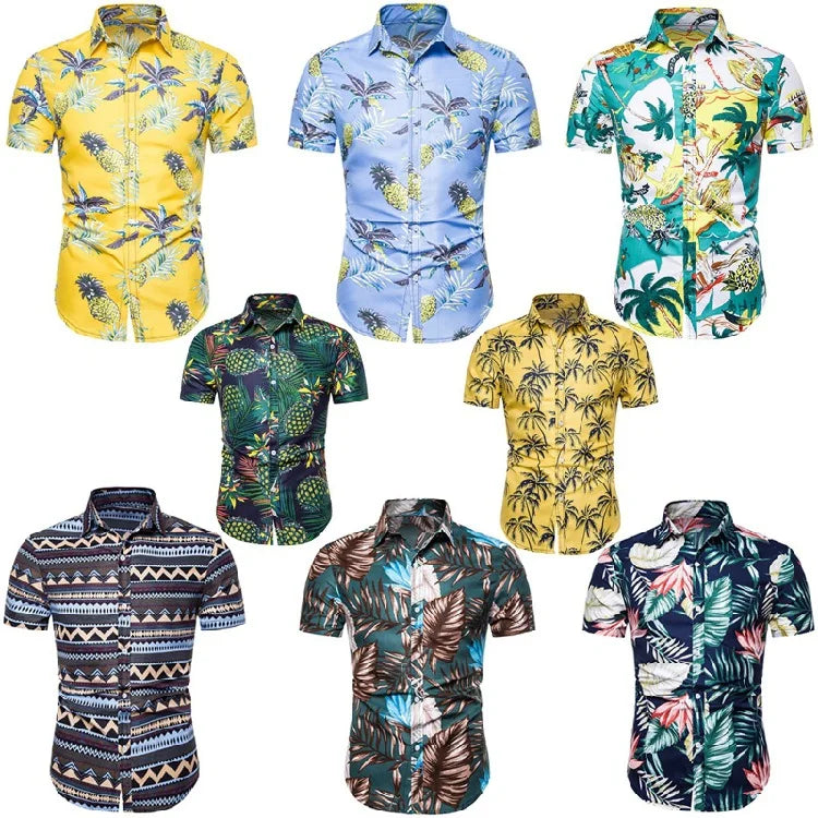 S-2XL Summer Men Floral Tops Casual Hawaiian Shirt Short Sleeve Cotton Lapel Button Camisa Hombre Eye-Catching Seaside Shirts
