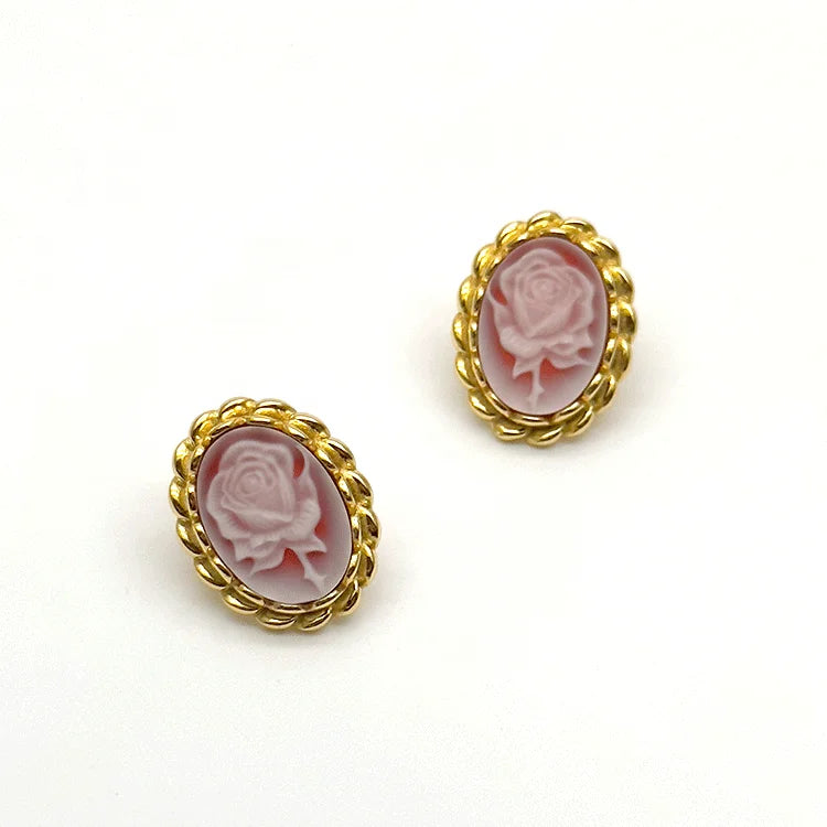 Elegant 3D Flower Carved Sterling Silver Earrings Classic Cameo 3D Court High Sense Enamel for Weddings Parties Bezel Setting
