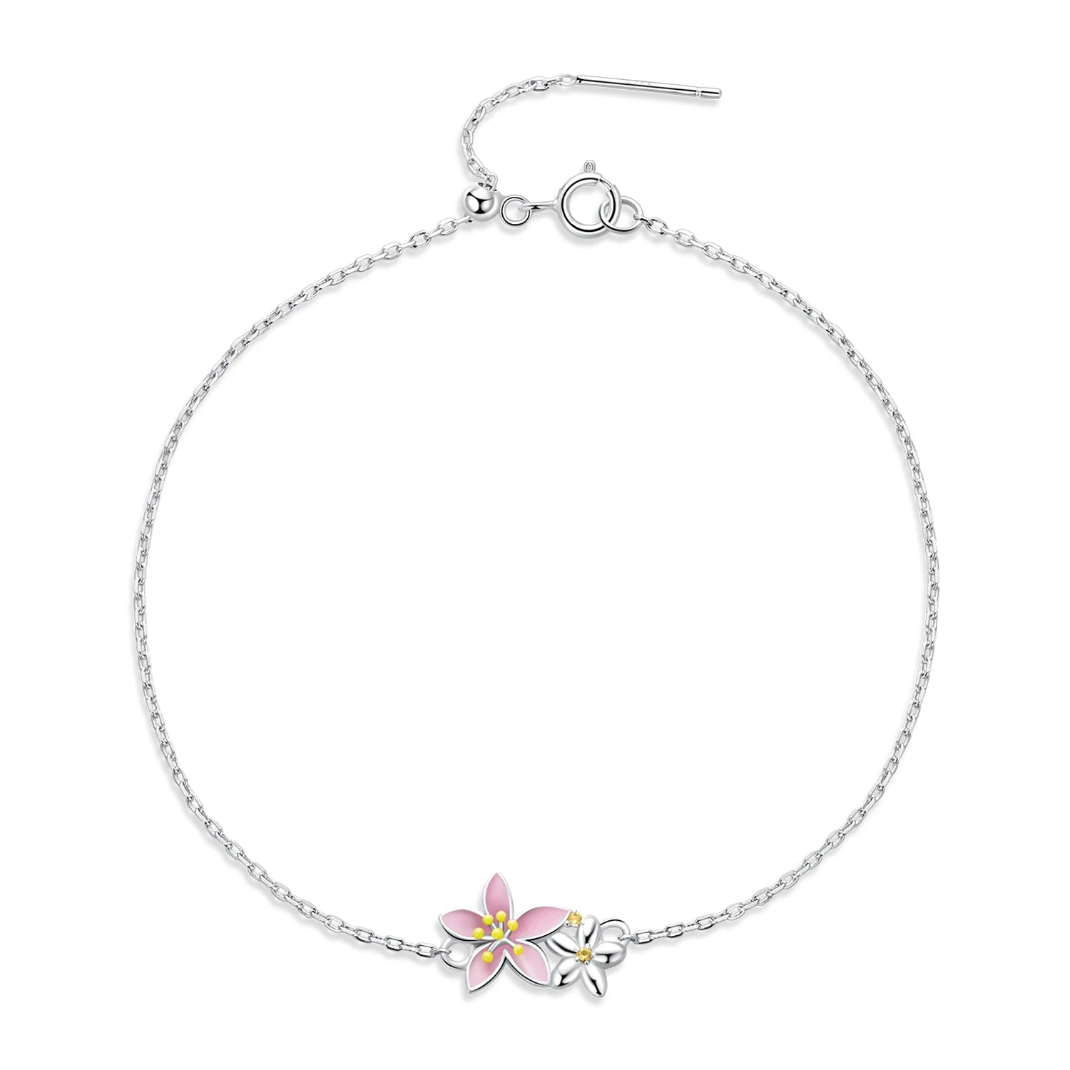 Fine Jewlery S925 Sterling Custom Rhodium Plated Jewelry Beautiful Cherry Blossom Pink Flower Link Chain Bracelet