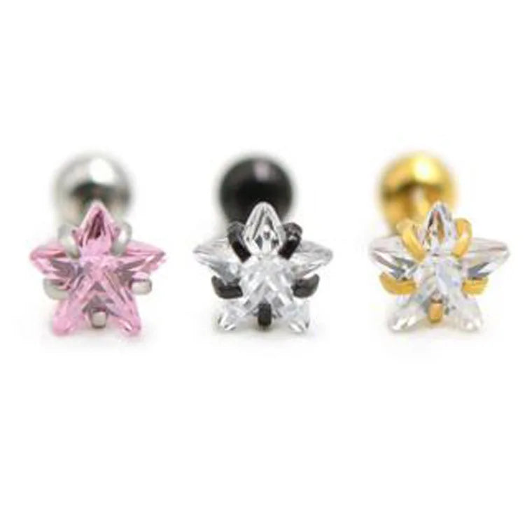 Evorte Korean Fashion Stainless Steel 18K Gold Plated Pink Black Zircon Star Tiny Ear Stud Ear Bone Tragus Cartilage Piercing