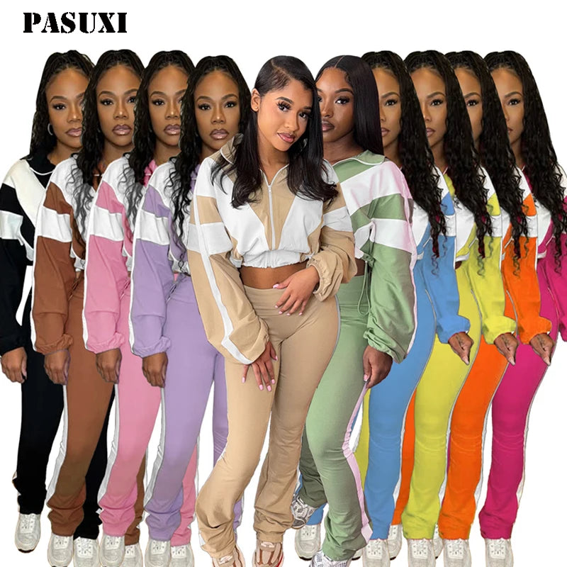 PASUXI 2025 Women's Casual Joggers Pants 2 Piece Set Crop Jackets Workout Pants Spring Fall Outfits Solid Female Crop Jackets
