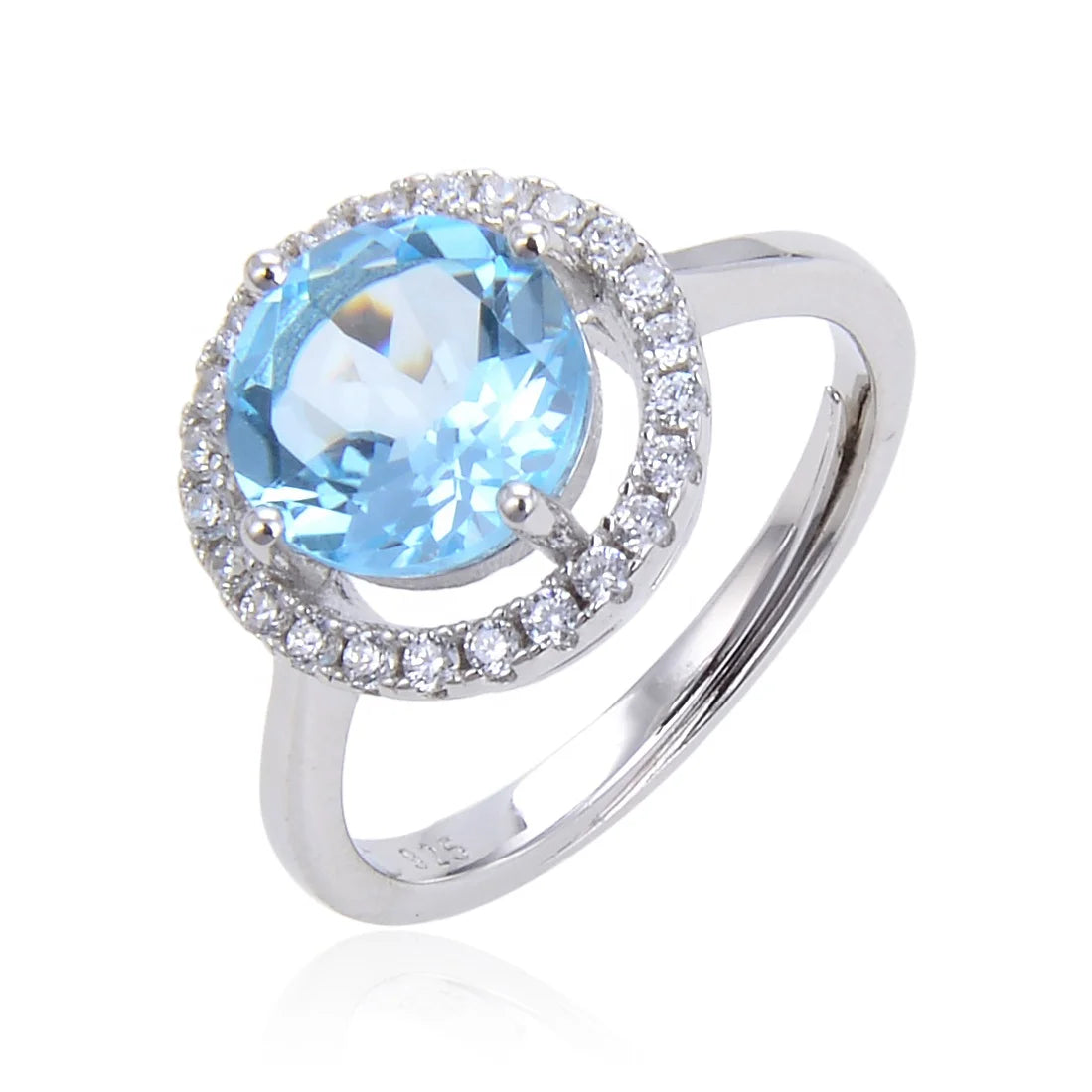 Fast Delivery Custom Classic Silver Rings for Women 925 Sky Blue Topaz Stone Zircon Halo Ring for Wedding Jewelry