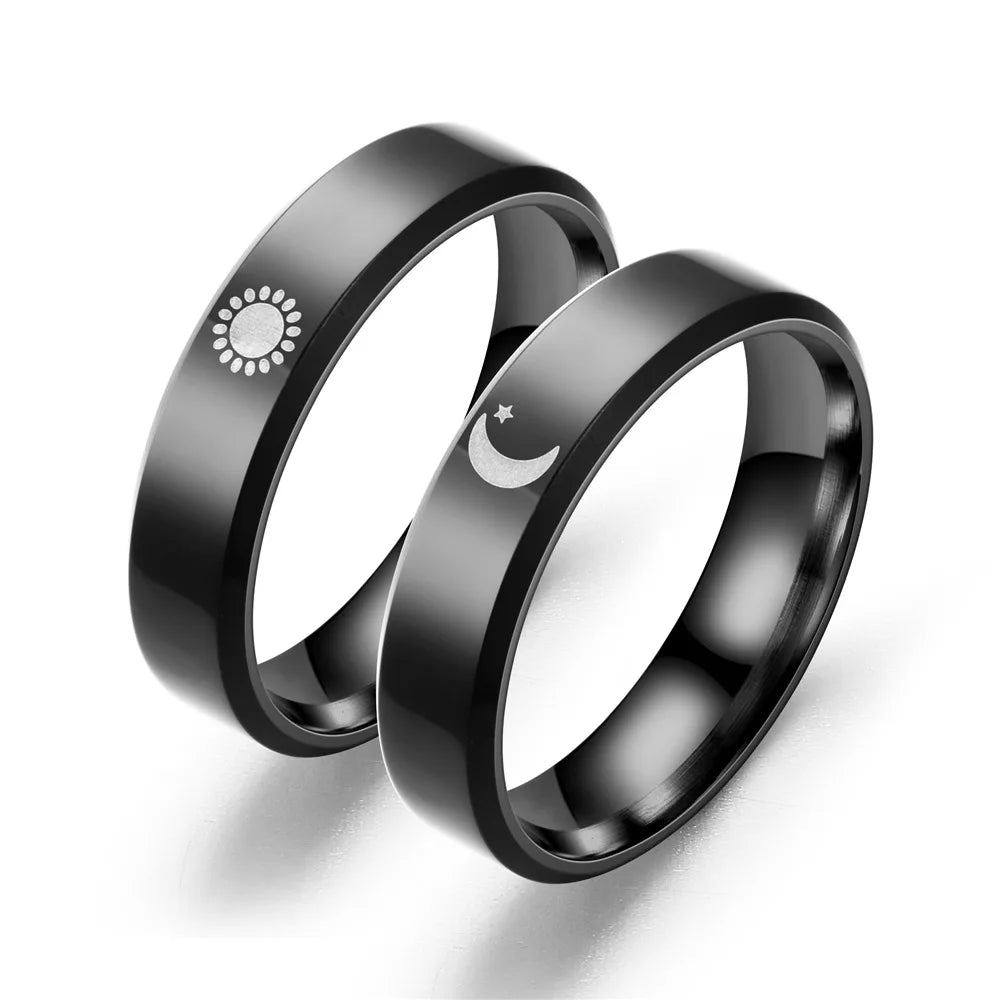 Hot Selling 6MM Stainless Steel Silver Black Color 6mm Sun Moon Pattern Finger Ring