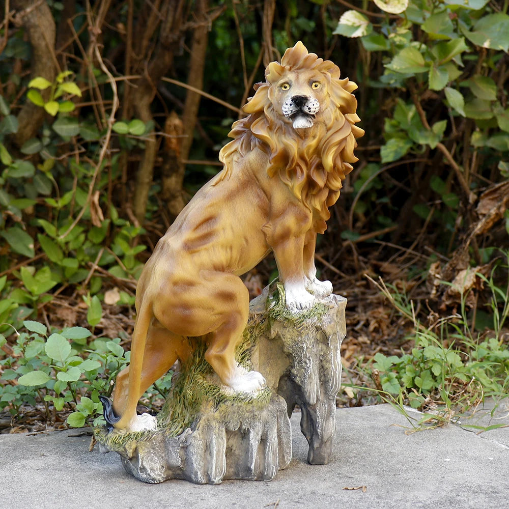 Majestic Golden Lion on Mountain Resin Sculpture Realistic Mane & Rock Base Luxury Home Decor for Living Room Office