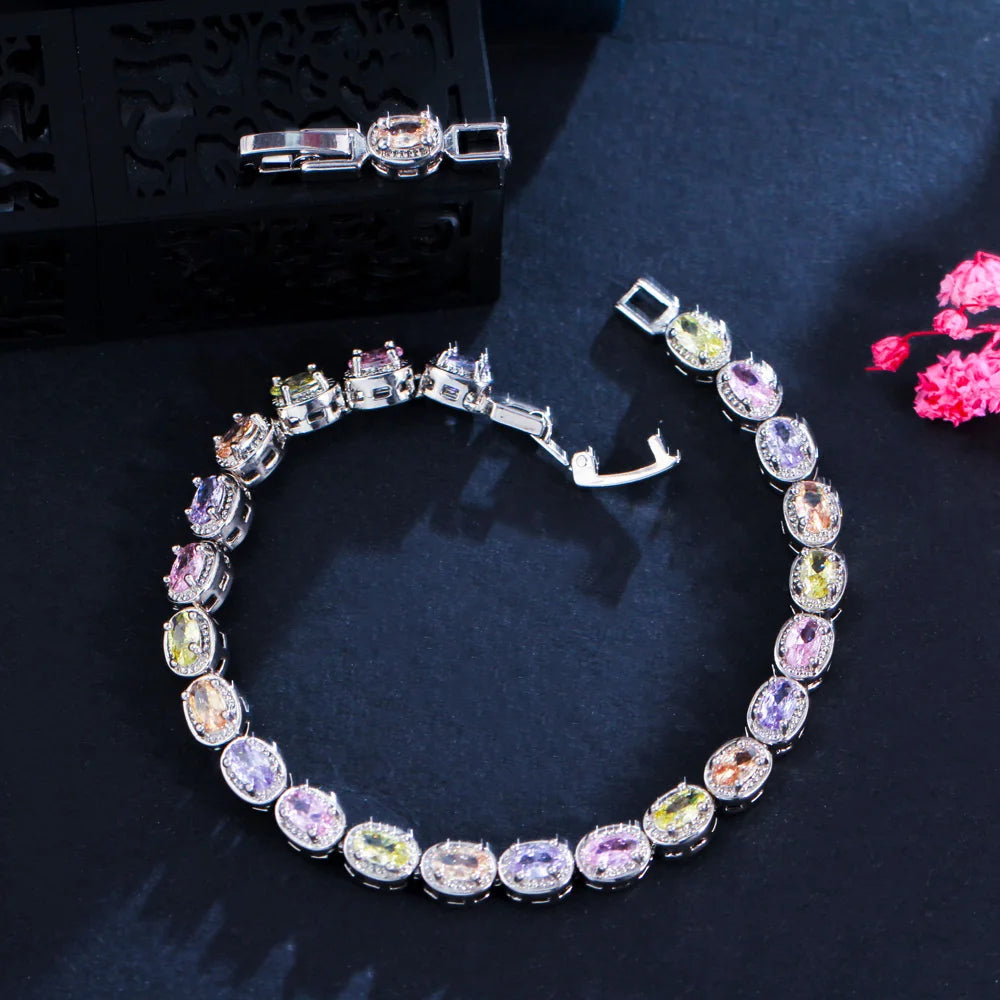 Summer Multi Color Cubic Zirconia Silver Plated Gorgeous Bracelet for Women Luxury Wedding Party Jewellery Fashion Accessories