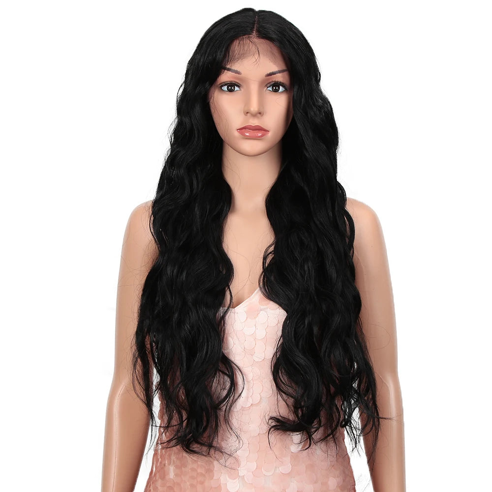 Ombre Hair 30 Inch Long Heat Resistant Body Wave Front Lace Wigs for Black Women Synthetic Hair Wig With Lace Front