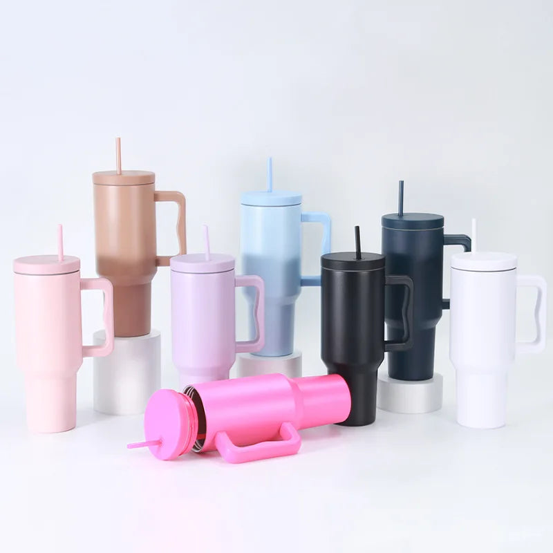 40oz Double Walled Travel Coffee Mug With Lid Handle Straw Stainless Steel Vacuum Insulated Sublimation Tumbler