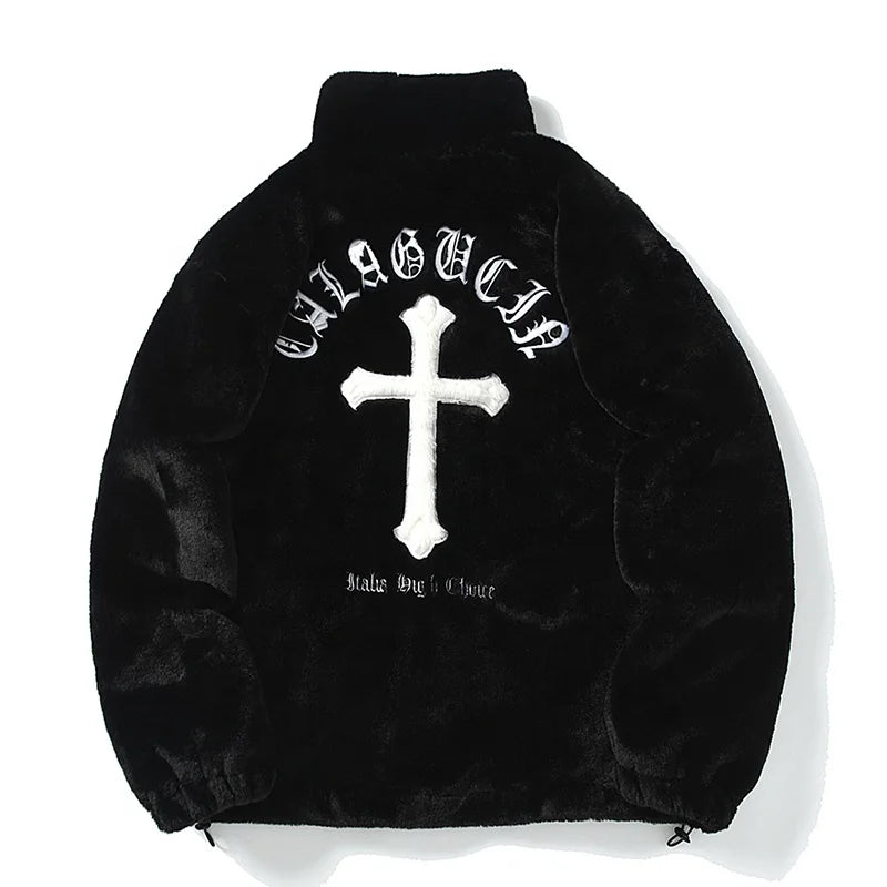 Men Rabbit Fur Jacket Coats Hip Hop Cross Letters Winter Fleece Jacket Streetwear Casual Harajuku Coat Zip up Fashion Outerwear
