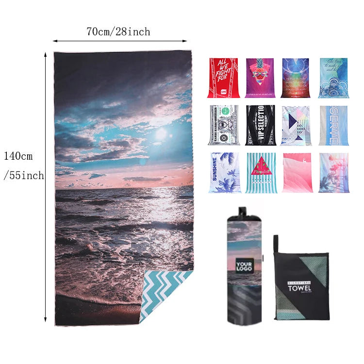 Double Sided Printing Luxury Large Sand Free Quick Dry Fast Sublimation Custom Printed Microfiber Beach Towel Bag Set
