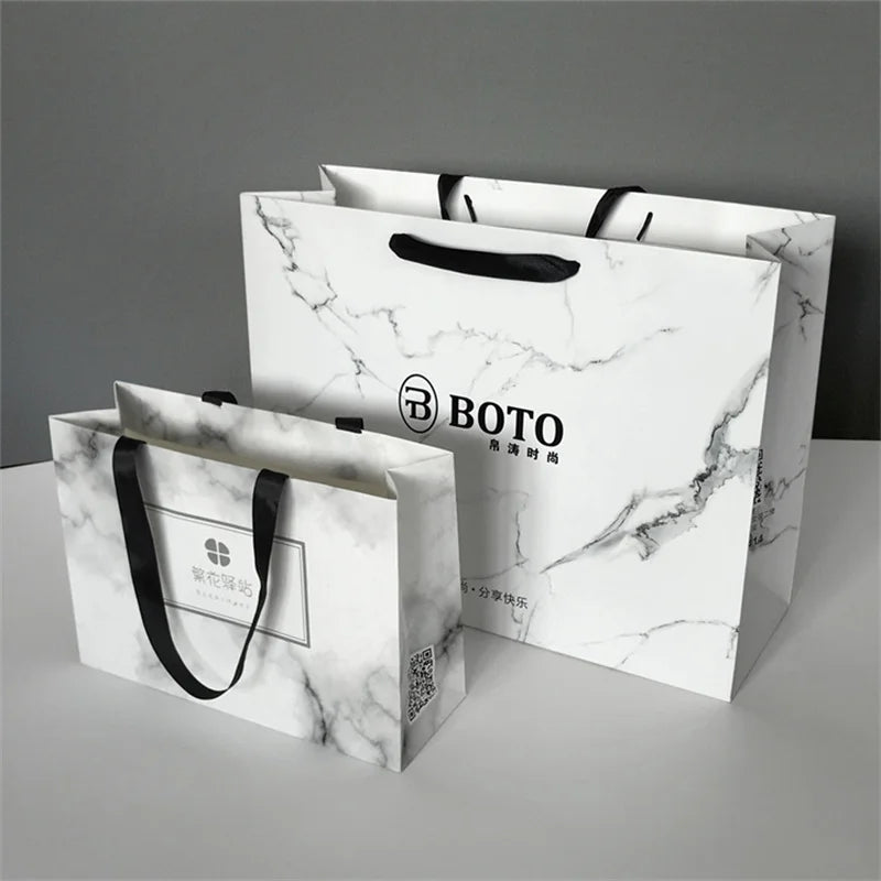 Custom Printed Coated Paper Shopping Gift Bags with Offset Printing Recycled Materials Marble Design for Watch Packaging