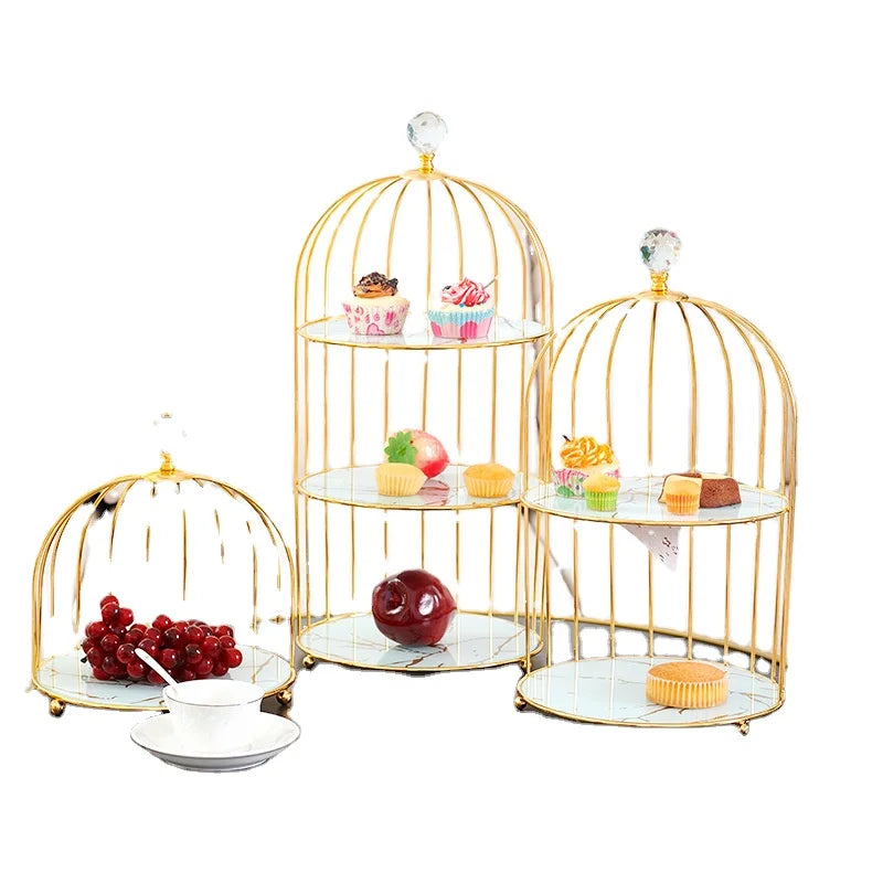 European Style Metal Bird Cage Cake Rack Double 2 Tier 3 Tier Marble Stone Dessert Stand Cake Display Stand