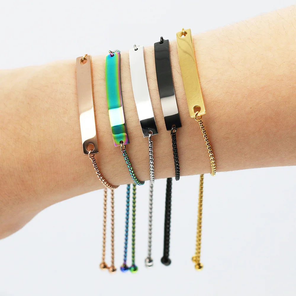 Personalized Fashion Customized Engraving Stainless Steel Long Bracelet 3d Slide Mirror Polished Bar Adjustable Bracelet