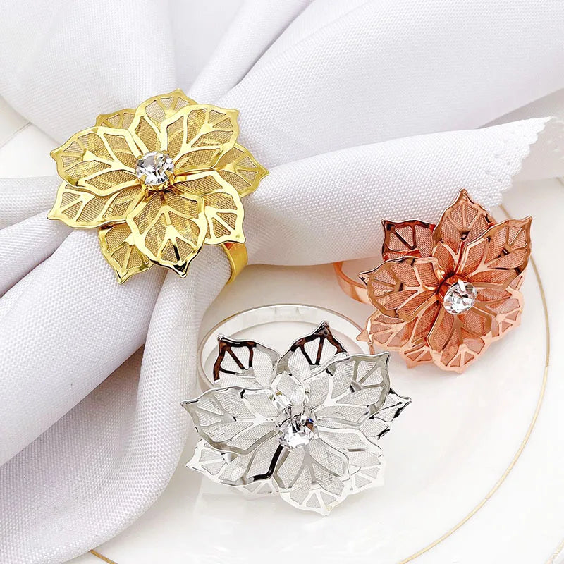 Hot Sale Luxury Metal Napkin Holder With Rhinestone Flower Design Circle Mesh for Romantic Wedding or Christmas Party Stocked