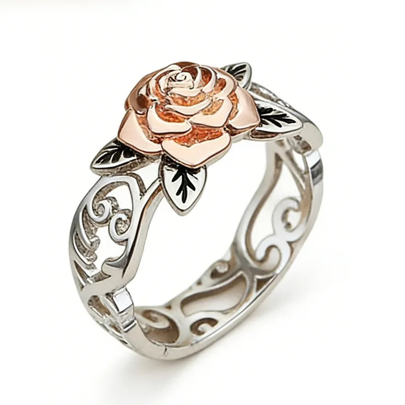 Huitan Eternity Anillos Rose Gold Rose Flower Hollow Carved Rings Wholesale Fever Lady Girls Silver Vintage Rings Women