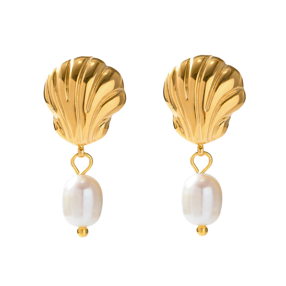 New Arrival Beach 18K Gold Plated Stainless Steel Pearl Pendant Earring Shell Freshwater Pearl Earrings