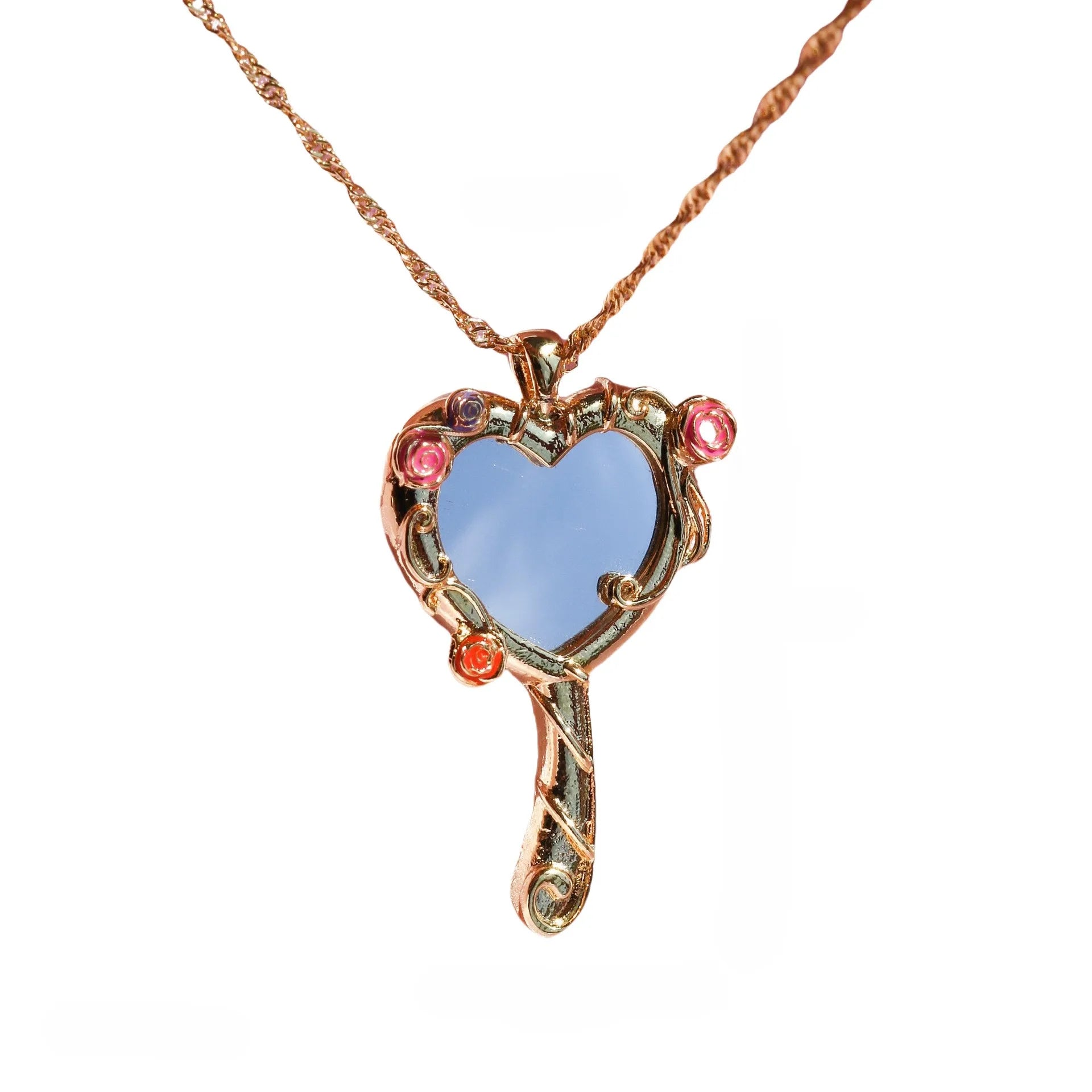 Fashion Ins Style Heart Shaped Mirror Necklace Cute Girl Jewelry Gold Plated Pendant Necklace for Women