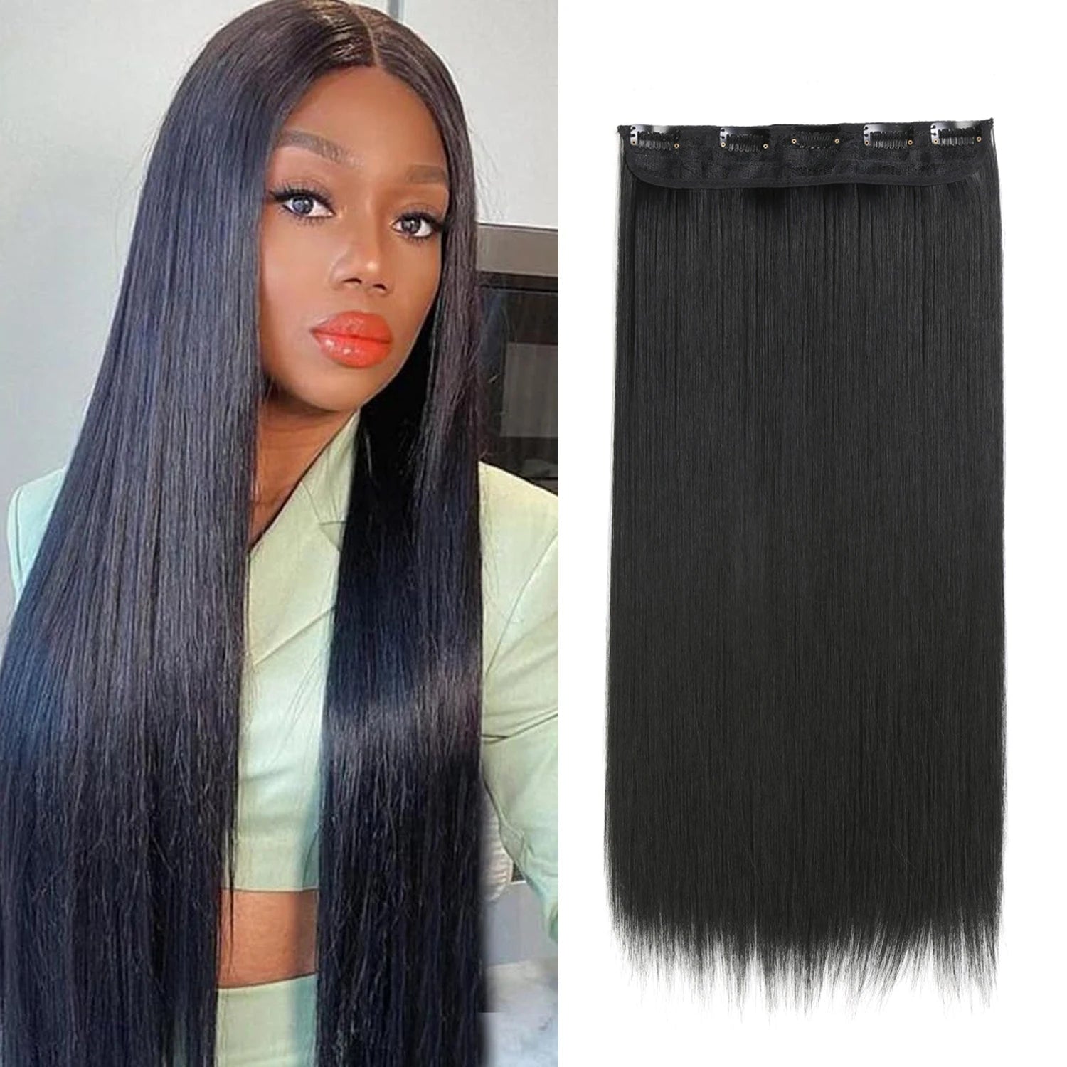 24" Thick Long Straight Hair Extensions Invisible Lace Weft Natural Soft Hairpieces One Piece 5 Clips in Hair Extensions