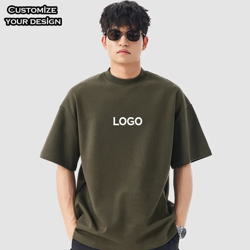 Men's 100% Cotton Rib Crew Neck Oversized Streetwear T-Shirt Custom Logo Boxy Fit Drop Shoulder Knitted Fabric