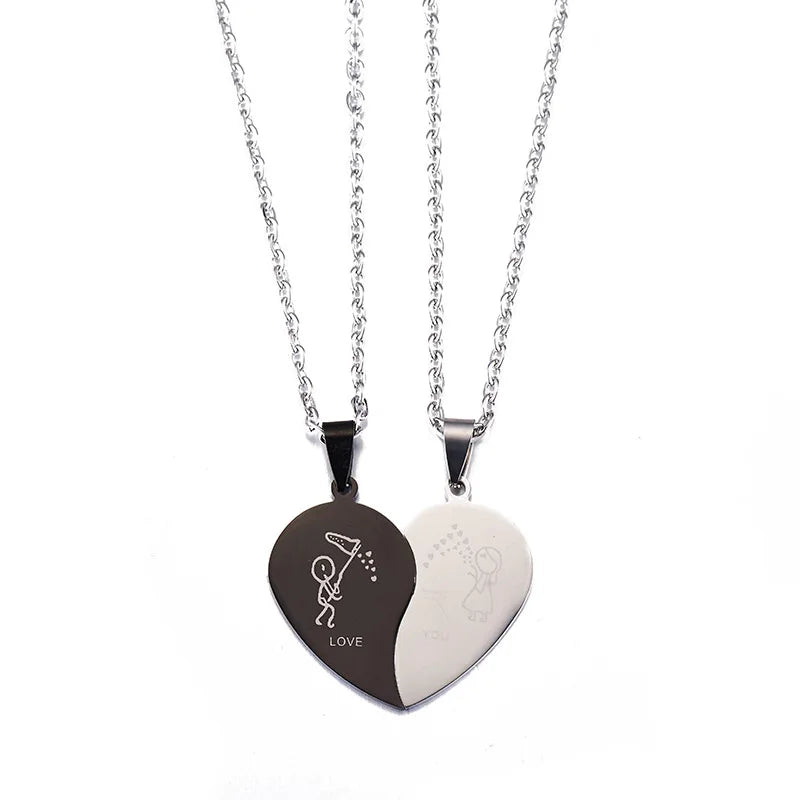 Creative Couple Heart Necklace Friendship Black White Splicing Boy Girl Stainless Steel Heart Pendant Necklace for Women Men