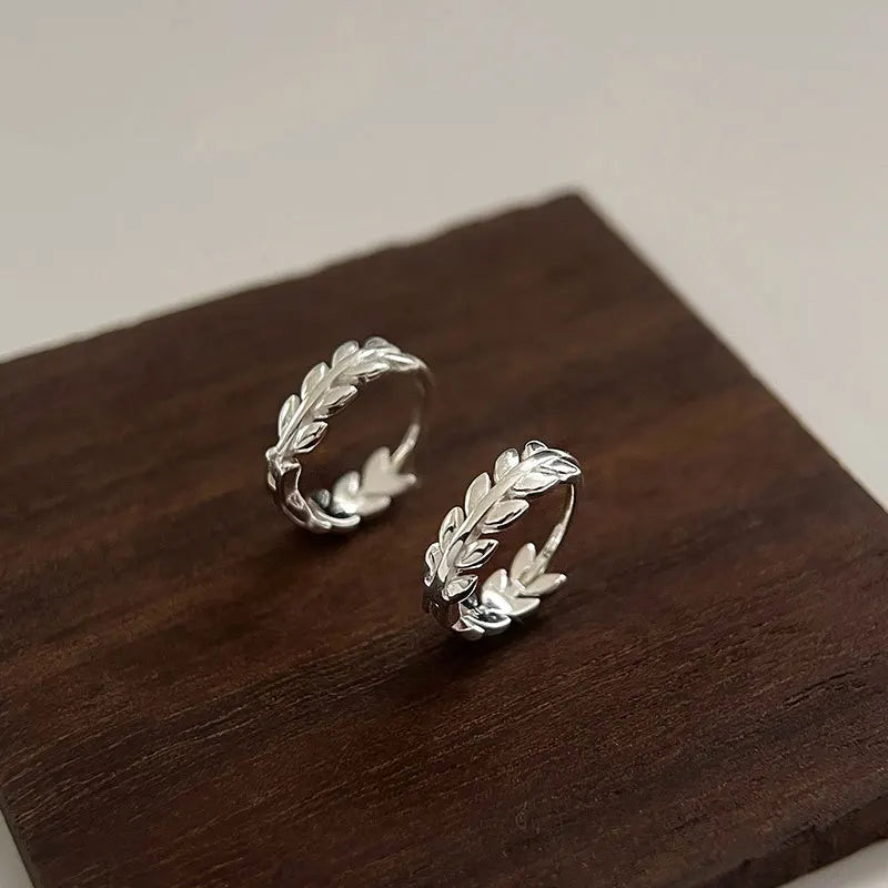 Simple INS Hot Fashion Pure 925 Sterling Silver Olive Leaf Small Hoop Stud Earrings for Women Girls