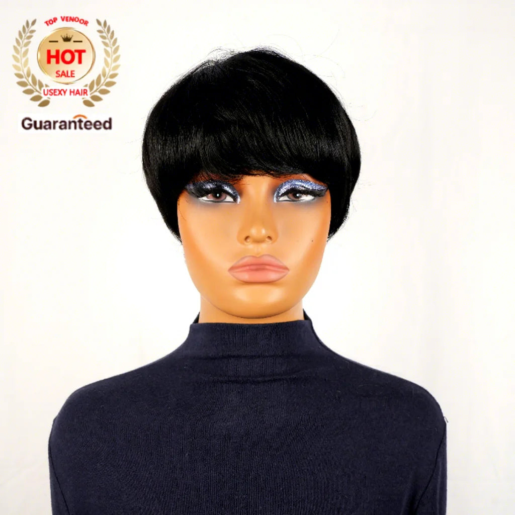 Short Straight Bob Wig Pixie Cut Wig Human Hair With Bangs Brazilian Virgin Hair Non Lace Front Cheap Wig