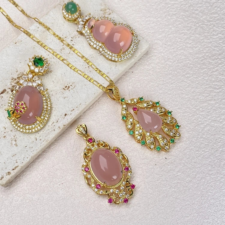 Jialin Jewelry Wholesale Jade Pendants Clover Jewelry Set Women Water Drop Necklace Buddha pink Jade Stone Zircon Jewelry Set