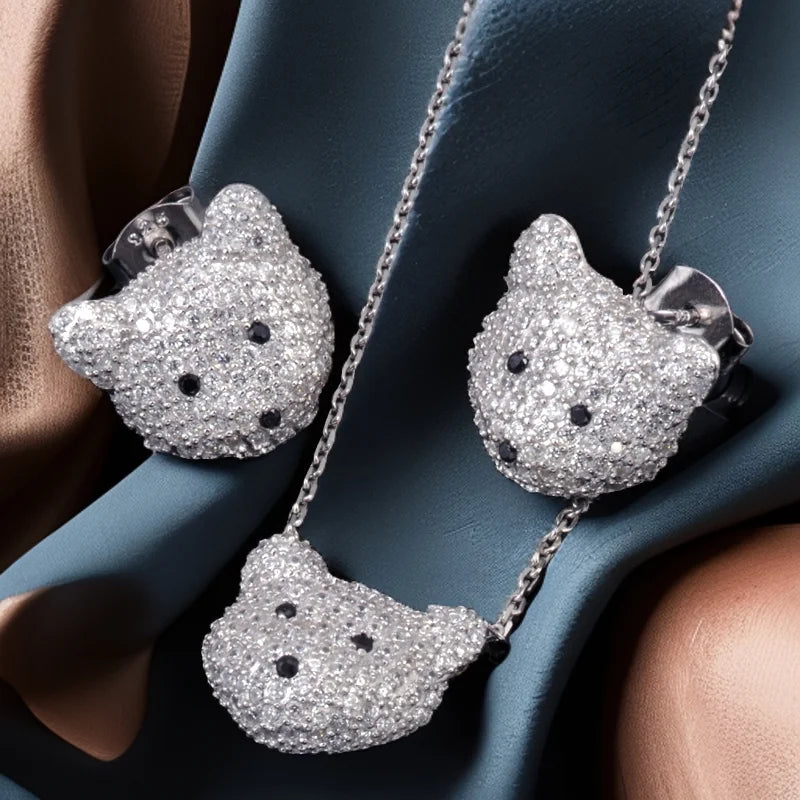 Jasen Jewelry 925 Sterling Silver Women's Set Cubic Zirconia Encrusted Bruin Panda Raccoon Earring Pendant Necklace Gold Parties