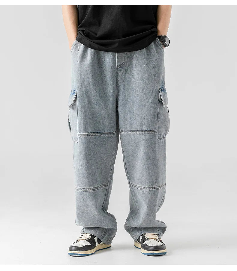 2024  Autumn New Men's Fashionable  Wear Double Stereo Pocket Jeans  Retro Wash Falls Dipped Trousers Men Pants