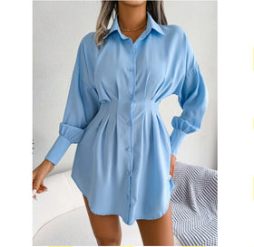 S-XL Autumn/Winter Casual Lantern Sleeves Wrapped Waist Asymmetric Dress Shirt Dress