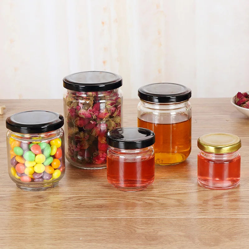 Food Storage Jars-100ml 150ml 195ml 240ml 350ml 500ml 730ml Glass Honey Jar with Metal Cap Round Honey Bottle with Screw Cap