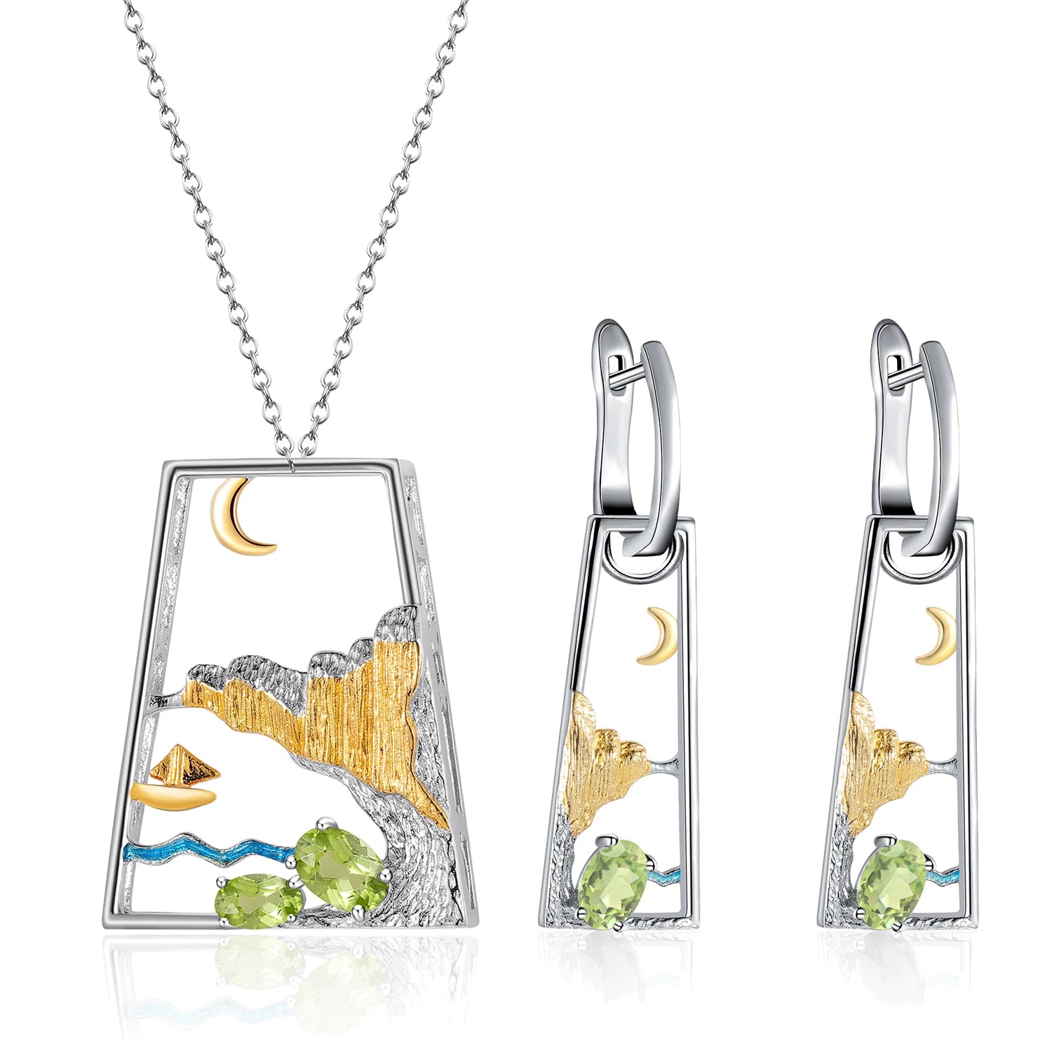 C8208 Abiding Jewelry Brand New Landscape Designs Oval Cut 4x6mm Natural Peridot 925 Sterling Silver Jewellery Set