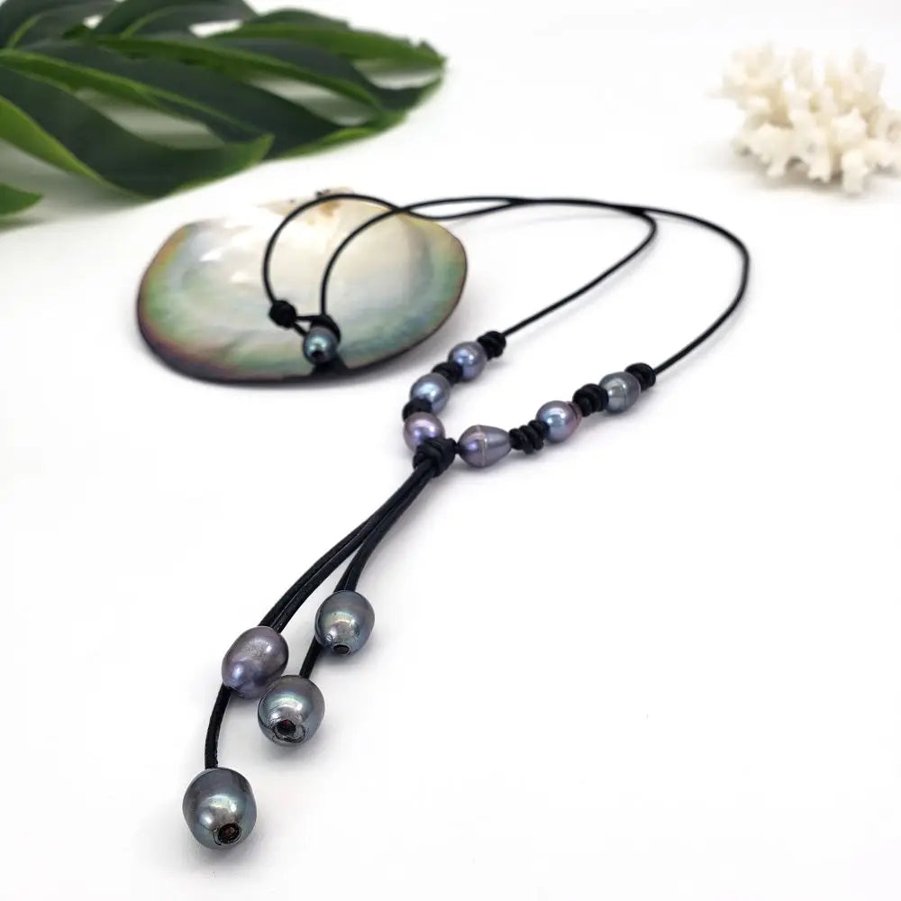Unique Personality Hawaiian Jewelry Hand Knotted Leather With Grey Freshwater Pearl Lariat Style Necklace Earrings Set for Girls