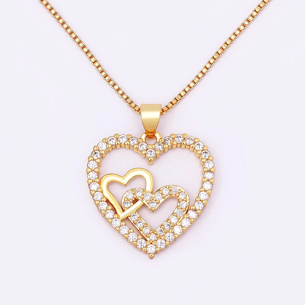 QIKU Light Luxury Heart Pendant Women Necklace Copper Cubic Zirconia Gold Color Charm Crystal Rhinestone Jewelry Romantic Gift