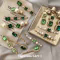 Fashionable Retro Green Hair Accessories Women One Word Clip Pearl Rhinestone Hair Accessories