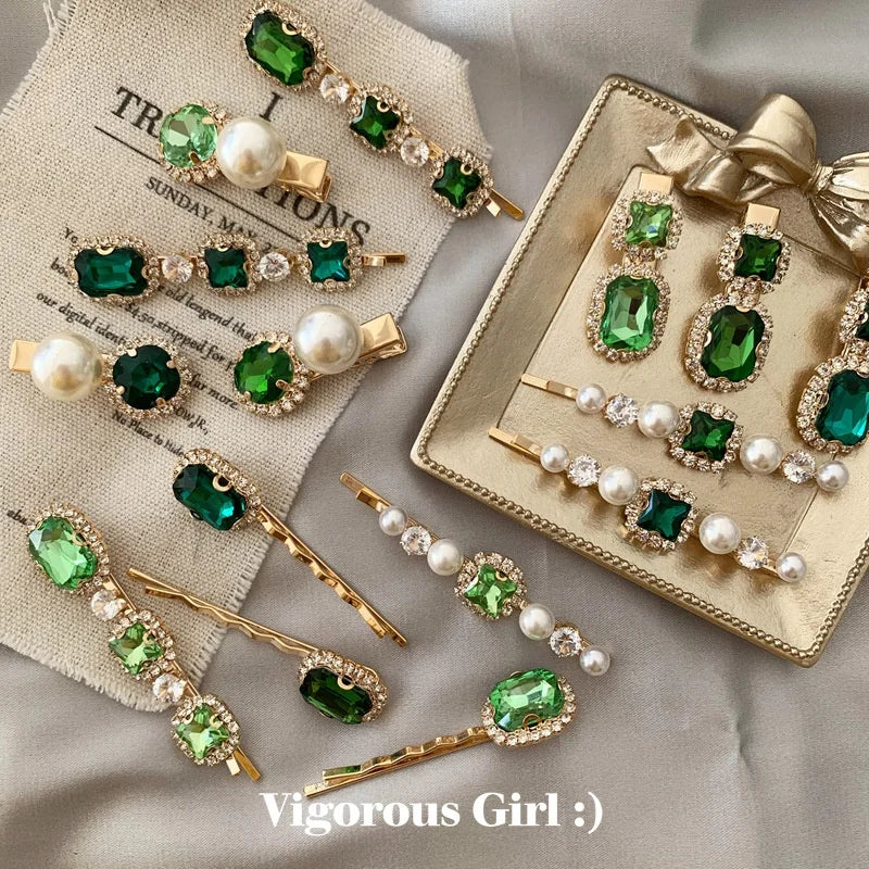 Fashionable Retro Green Hair Accessories Women One Word Clip Pearl Rhinestone Hair Accessories