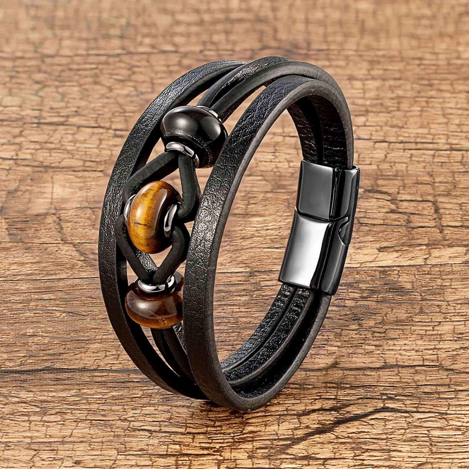 Hot Selling Magnetic Stainless Steel Clasp Bracelet Tiger Eye Stone Bracelet Multi Layers Leather Bracelet