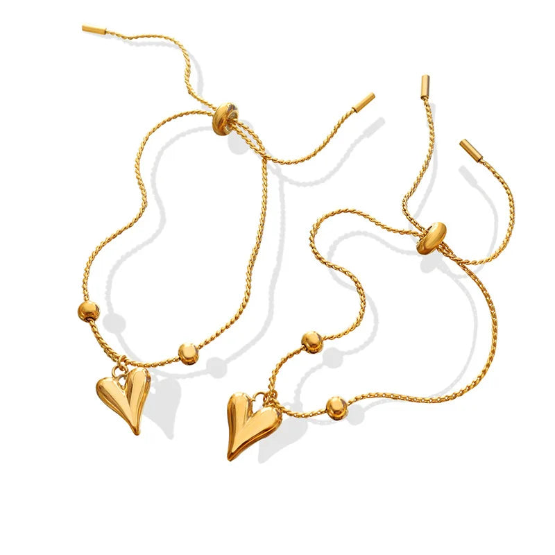 Tarnish Free European Ins Style Elegant 18K Gold Plate Heart Shape Adjustable Bracelet
