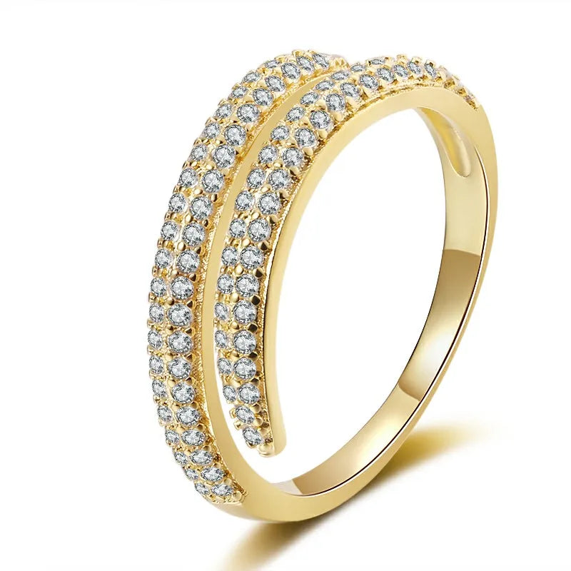 Simple Classic Geometric Opening Full Diamond Zircon Gemstone Ring Fashion 18K Gold Plated Brass Unisex Jewelry