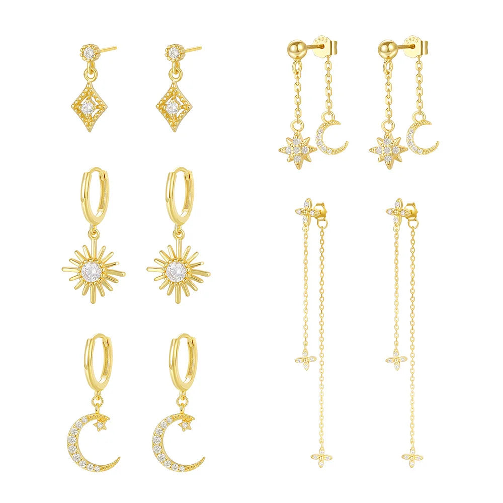 Merryshine S925 Sterling Silver Women's Trendy Star Moon Tassel Stud Earrings Gold Plated for Anniversaries