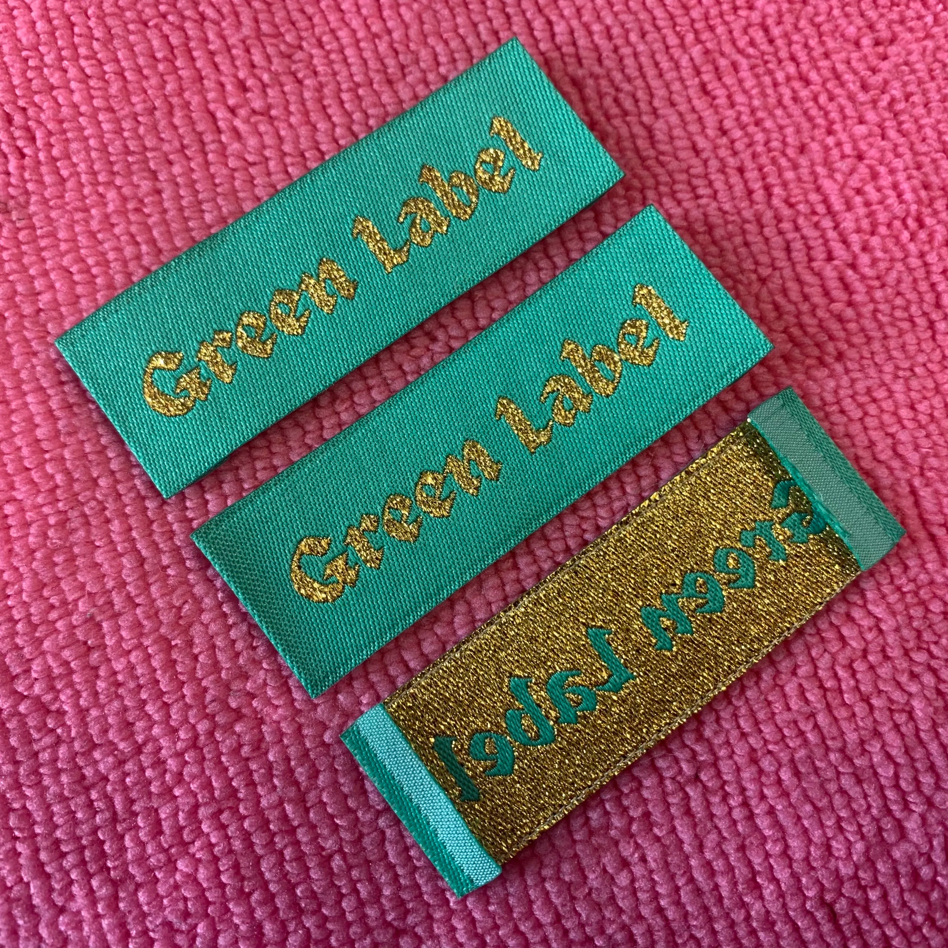 Washable Metallic Gold Thread Clothing Collar LabelSide Fold Green Color Garment Woven Label