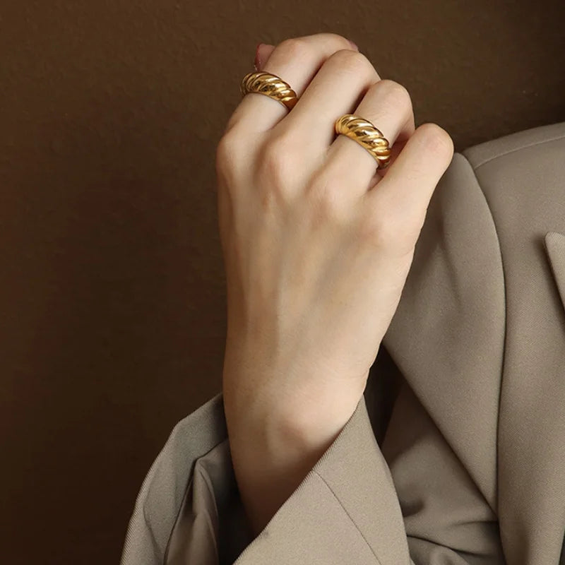 Vintage Luxury Women Jewelry 18K Gold Plated French Croissant Statement Stainless Steel Ring