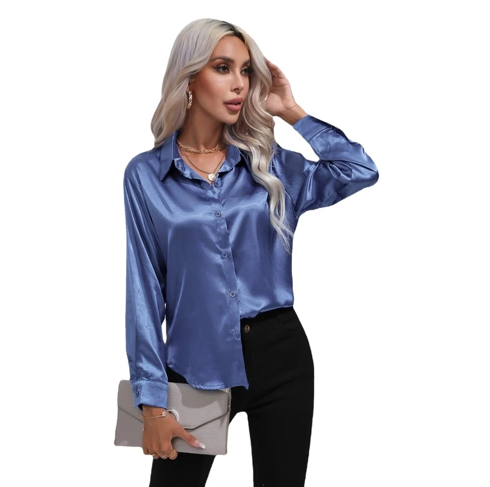 Satin Shirt Women's Cotton Long Sleeve Shirt Spring and Summer New Solid Color Shirt