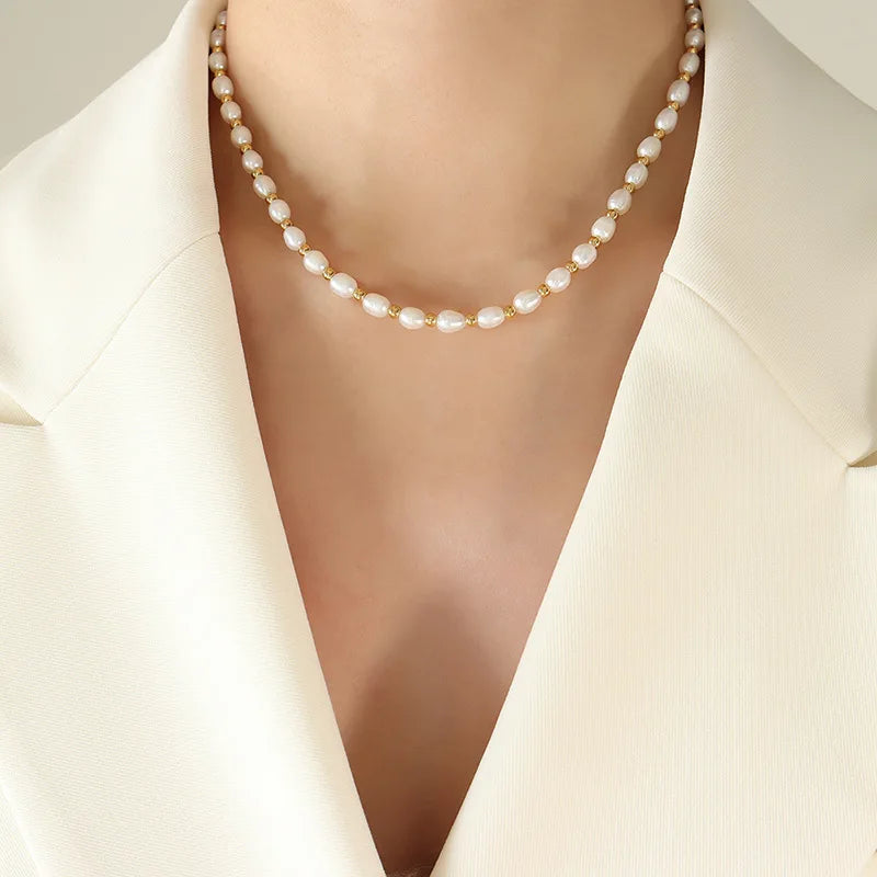 Fashion Baroque Freshwater Pearl Choker Necklace  Set 18K Gold Plating Stainless Steel Pearl Beaded Necklace