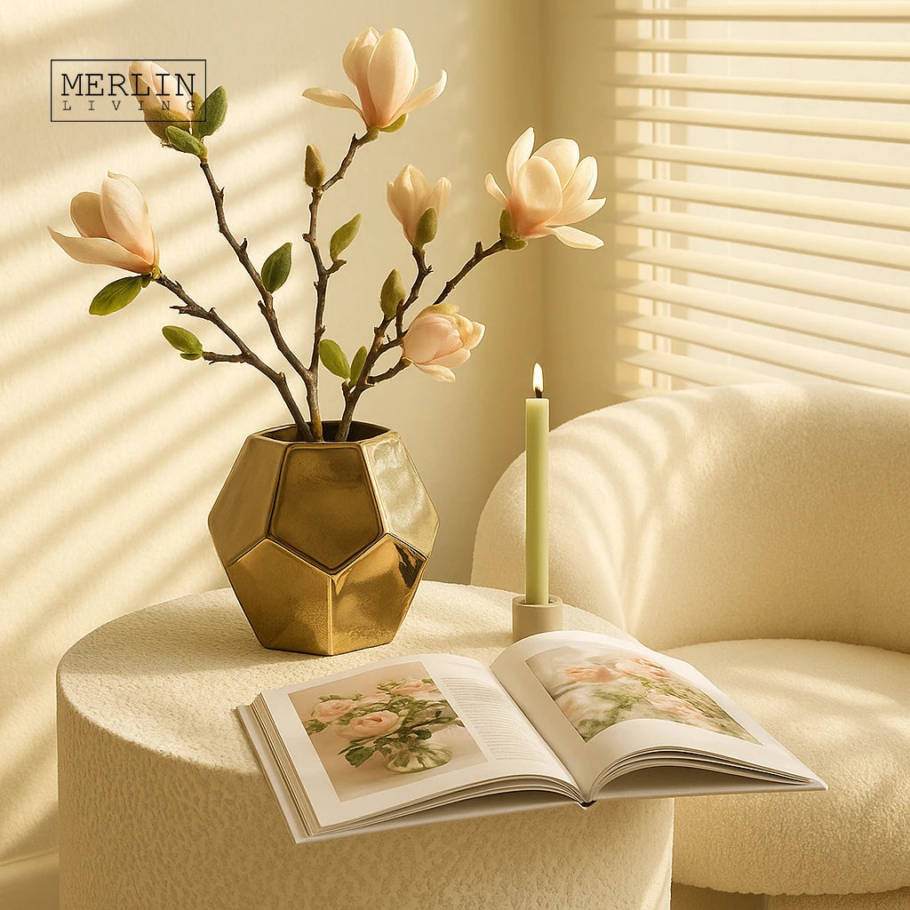 Merlin Living Geometric Polygon Electroplating Vases Mirror Gold Silver Luxury Golden Ceramic Home Decor for Metal Flower Vase
