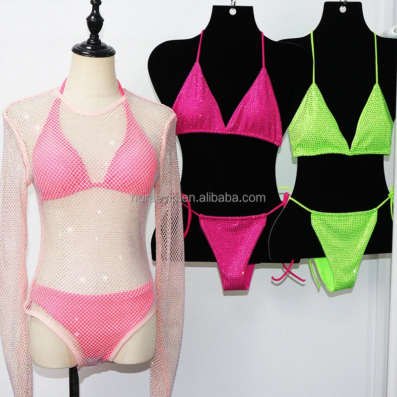 HM038 Sexy Pink Fishnet Crystal Beach Cover up Long Sleeve Swimwear Rhinestone Mesh Bodysuit