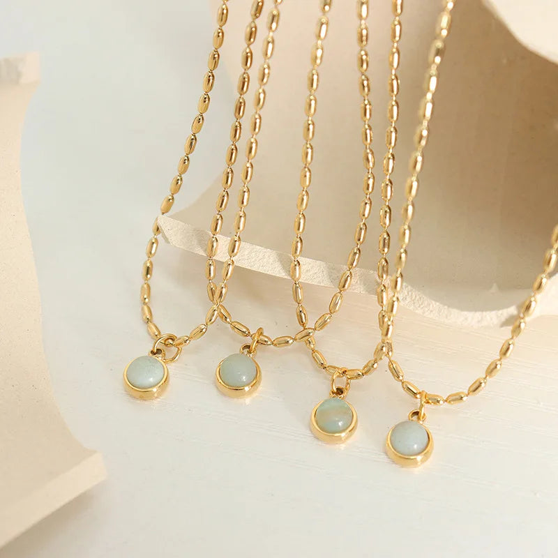 Vintage Stainless Steel Plated 18K Gold Necklace Choker Bead Chain Natural Stone Pendant Necklace for Lady